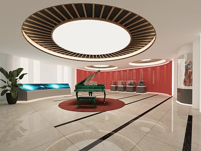 Elegant Cultural Center Interior With Green Piano Display Cabinets Red Walls And Circular Ceiling 3d model