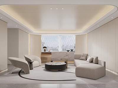Modern Hotel Public Lounge Area With Beige Sofa Armchairs Coffee Table And Large Window 3d model