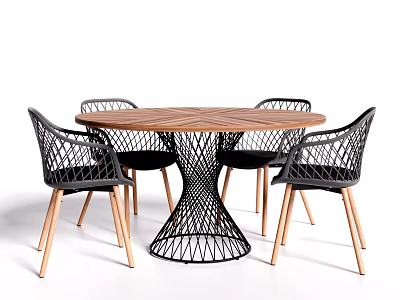 Modern Dining Table Set With Round Wooden Top And Woven Design Chairs Wooden Legs 3d model