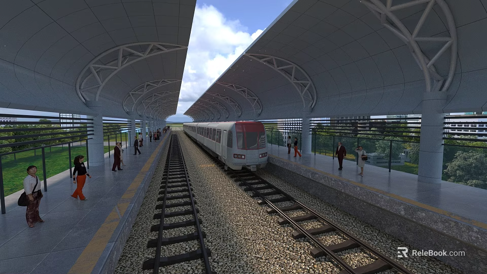 Modern Train Station Platform with Passengers and Waiting Train on Tracks 3d model