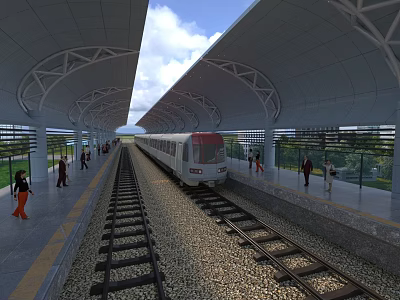 Modern Train Station Platform with Passengers and Waiting Train on Tracks 3d model