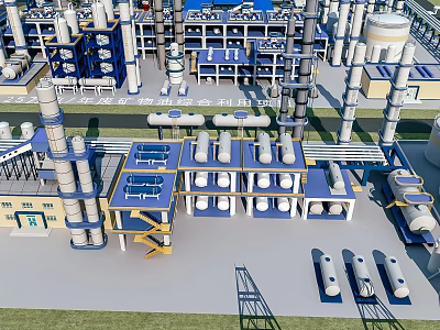 Large Industrial Plant With Tall Chimneys Blue Structures Pipes And Storage Tanks 3d model
