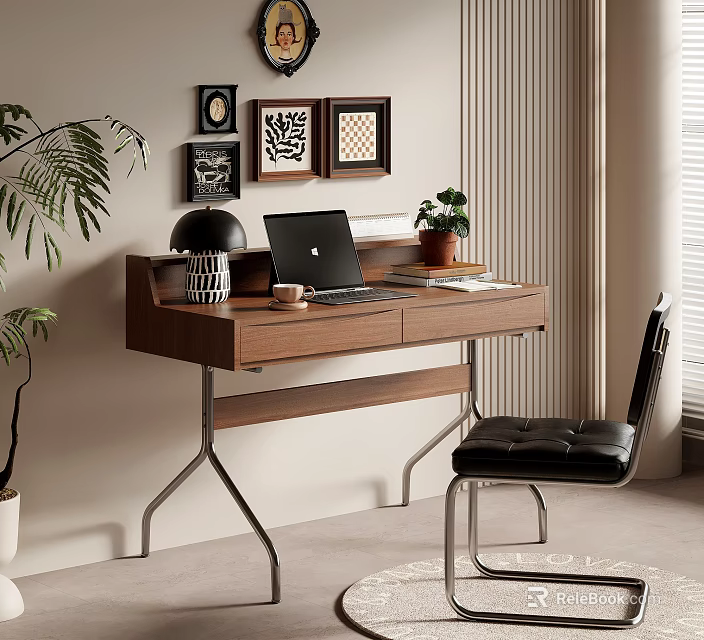 Modern Workspace Interior With Wooden Desk Laptop Table Lamp Black Chair And Potted Plant 3d model 