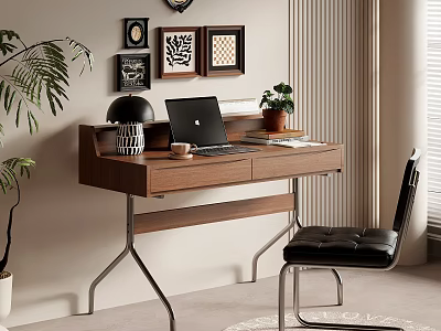 Modern Workspace Interior With Wooden Desk Laptop Table Lamp Black Chair And Potted Plant 3d model