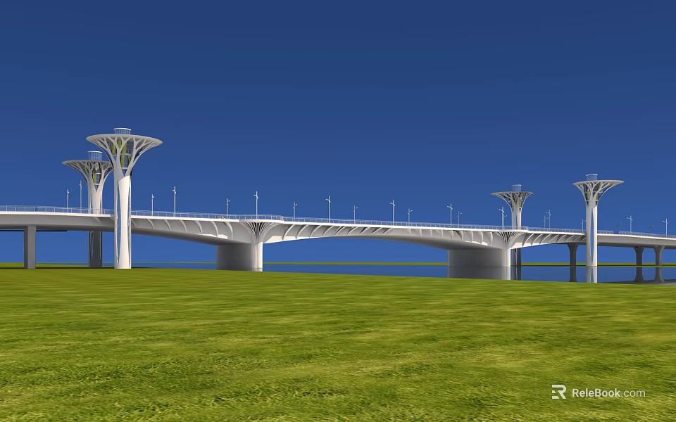 Modern White Bridge With Sleek Lamp Posts Over Green Grass Under Blue Sky 3d model 