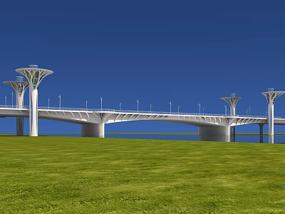 Modern White Bridge With Sleek Lamp Posts Over Green Grass Under Blue Sky 3d model