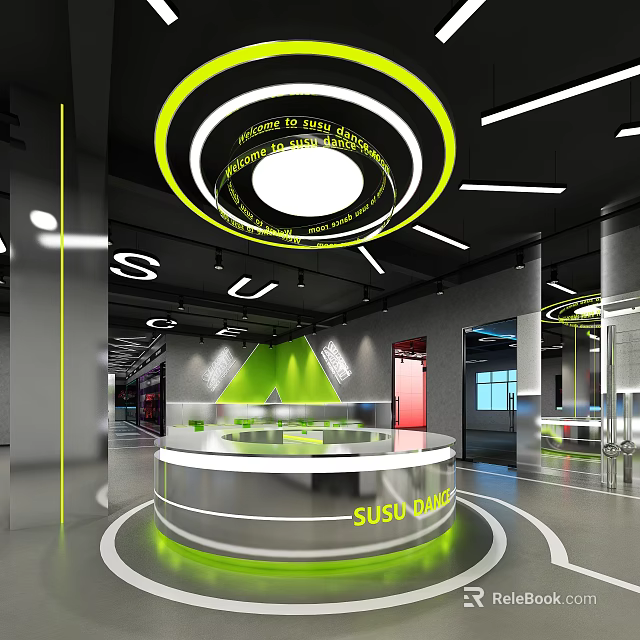 Modern Fitness Gym Reception With Circular Desk Green Logo SUSO DANCE Black Green Decor 3d model 