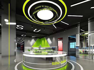 Modern Fitness Gym Reception With Circular Desk Green Logo SUSO DANCE Black Green Decor 3d model
