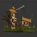 Whimsical Wooden Tower House With Thatched Roof Wooden Stairs Green Grass And Lotus Leaves