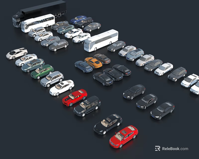 Various Types of Cars in Different Colors Including Sedans SUVs and Buses 3d model 
