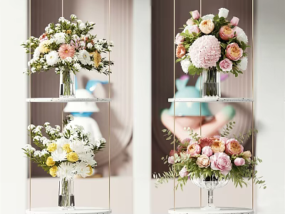 Elegant Glass Vases With Pink White Yellow Flowers On Metal Shelves Decor 3d model