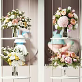 Elegant Glass Vases With Pink White Yellow Flowers On Metal Shelves Decor