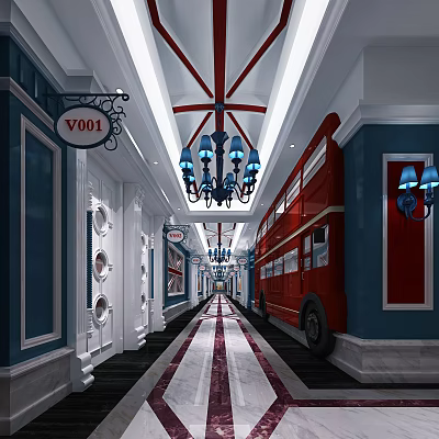 Hotel Corridor With Red Double Decker Bus Blue Chandeliers And Red And White Striped Carpet 3d model