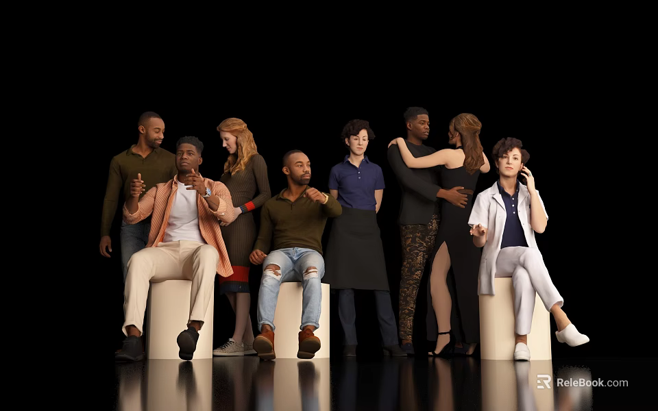 Diverse Group of People Standing and Sitting on Stools Against Black Background 3d model 