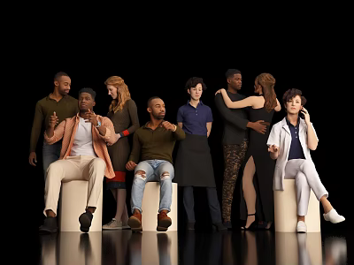 Diverse Group of People Standing and Sitting on Stools Against Black Background 3d model
