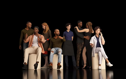 Many drivers sit in positions, make phone calls, talk, dance, pregnant women, characters, scenes, atmosphere, models, foreigners, black women, men 3d model