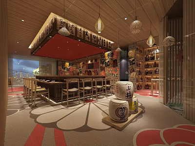 Traditional Japanese Restaurant Interior With Wooden Bar Seating Hanging Lanterns And Decorative Murals 3d model