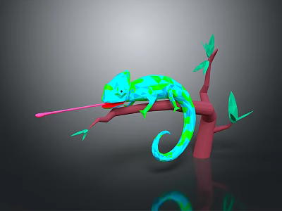 Geometric Green Blue Chameleon On Red Branch With Extended Tongue Green Leaves Dark Background 3d model