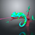 Geometric Green Blue Chameleon On Red Branch With Extended Tongue Green Leaves Dark Background