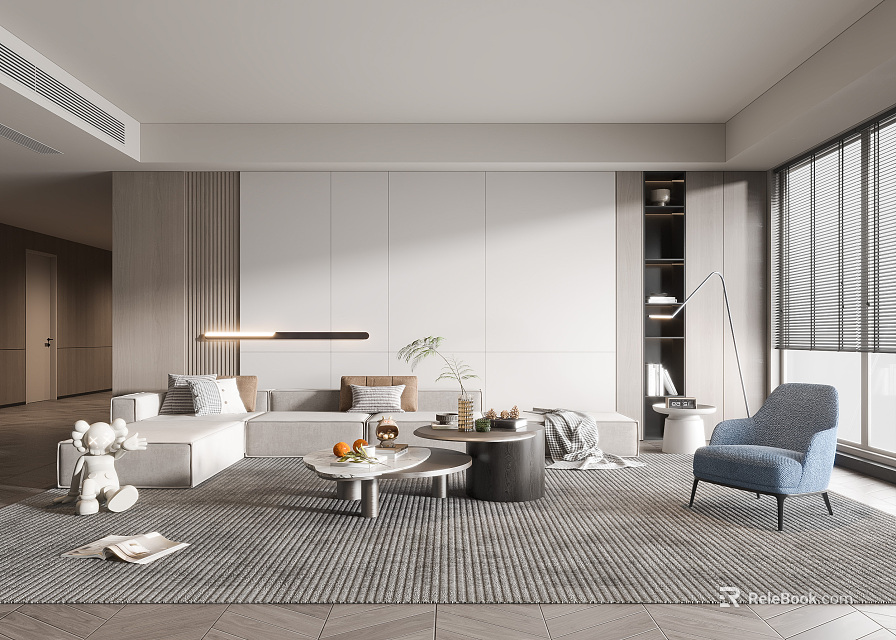 Modern Living Room Interior With White Sofa Blue Chair Coffee Tables Floor Lamp And Rug 3d model 