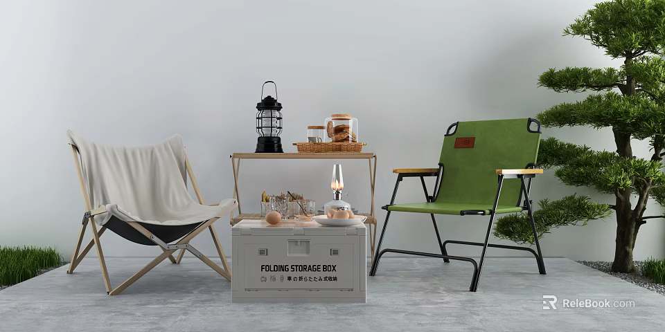 Outdoor Table with Folding Storage Box and Chairs holding Lantern Jar and Candle 3d model 