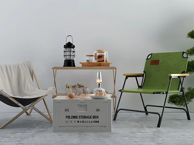 Outdoor Table with Folding Storage Box and Chairs holding Lantern Jar and Candle 3d model