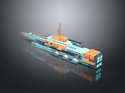 3D Model of Modern Industrial Machinery With Orange Blue Modules And Track Structure 3d model
