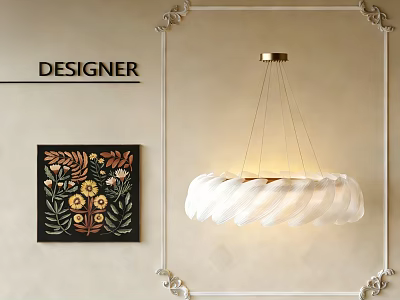 Designer White Feather Chandelier With Gold Base And Floral Artwork On Beige Wall 3d model