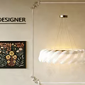 Designer White Feather Chandelier With Gold Base And Floral Artwork On Beige Wall