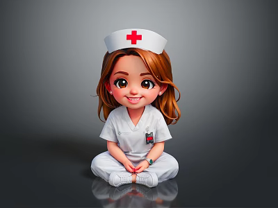 Cartoon Woman Nurse Wearing White Uniform With Red Cross Cap Sitting And Smiling 3d model