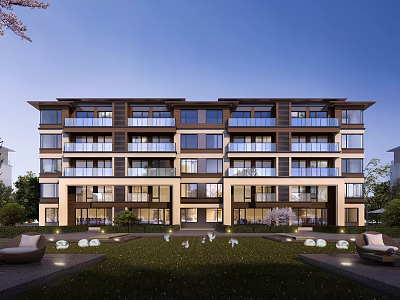 Modern Residential Building Exterior with Balconies Glass Windows Green Lawn and Cherry Blossoms 3d model