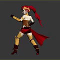 Red Haired Woman In Red And Yellow Outfit Standing And Pointing Forward