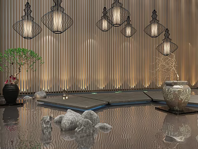 Modern Garden Ornament Scene With Wooden Slat Wall Hanging Lantern Lights Water Pool And Stones 3d model