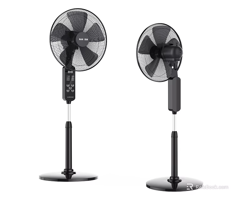 Two Black Electric Stand Fans With Control Panel And Stable Base 3d model 