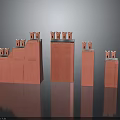 Red Castle Tower Structures With Various Heights And Reflective Decorative Surfaces