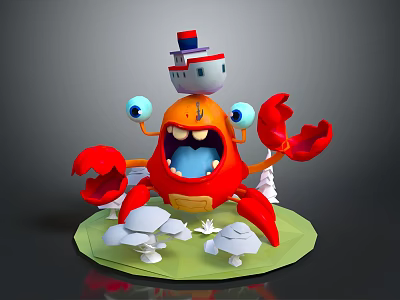 Cartoon Red Crab With Small Ship House On Back And White Clouds Around Green Base 3d model