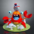 Cartoon Red Crab With Small Ship House On Back And White Clouds Around Green Base