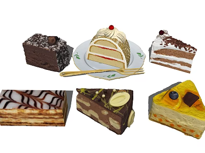 Various Delicious Cake Slices With Different Flavors And Decorative Toppings On 3d model