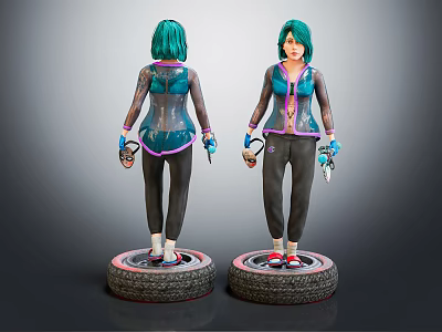 3D Female Character Models With Green Hair Purple Trim Outfit And Tire Base Stand 3d model
