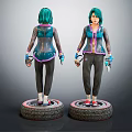 3D Female Character Models With Green Hair Purple Trim Outfit And Tire Base Stand