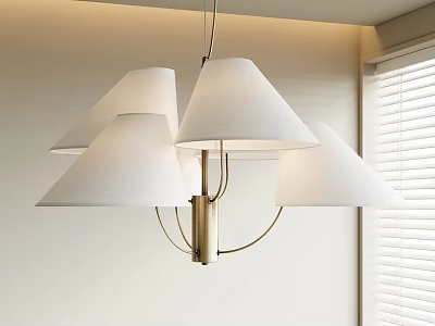 Modern Chandelier With White Cone Shades And Golden Metal Frame In Interior Space 3d model
