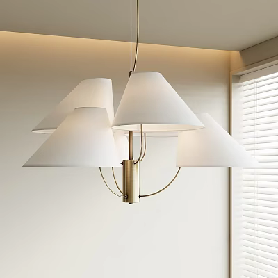 Modern Chandelier With White Cone Shades And Golden Metal Frame In Interior Space 3d model