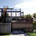 Modern Townhouse With Unique Roof Design And Metal Strip Facade Surrounded By Greenery And Fence