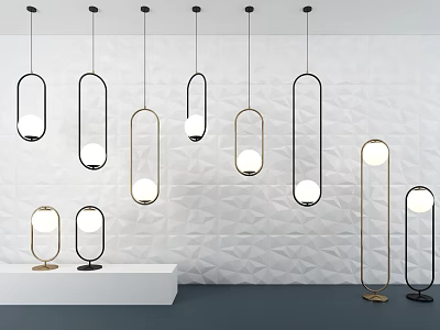Modern Lighting Combination With Pendant Floor And Table Lamps Metal Frames White Shades 3d model