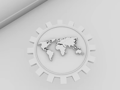 White Display Shelves With Gear Shaped Structure And Central World Map Design 3d model