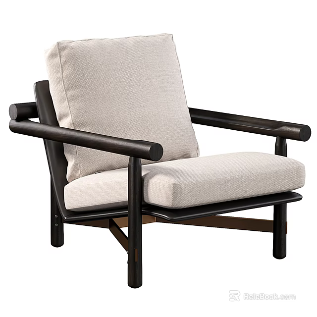 Modern Leisure Chair with Wooden Armrests and Light Fabric Upholstery for Living Room 3d model 