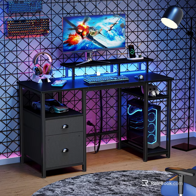 Modern Black Gaming Desk With RGB Lights Computer Monitor Keyboard Mouse And Drawers 3d model 