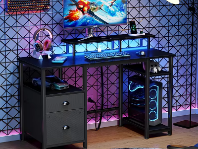 Modern Black Gaming Desk With RGB Lights Computer Monitor Keyboard Mouse And Drawers 3d model