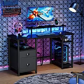 Modern Black Gaming Desk With RGB Lights Computer Monitor Keyboard Mouse And Drawers