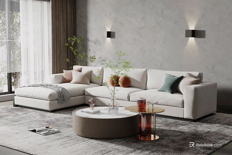 Modern Living Room With Light Beige Sectional Sofa Round Coffee Table And Green Plants 3d model 